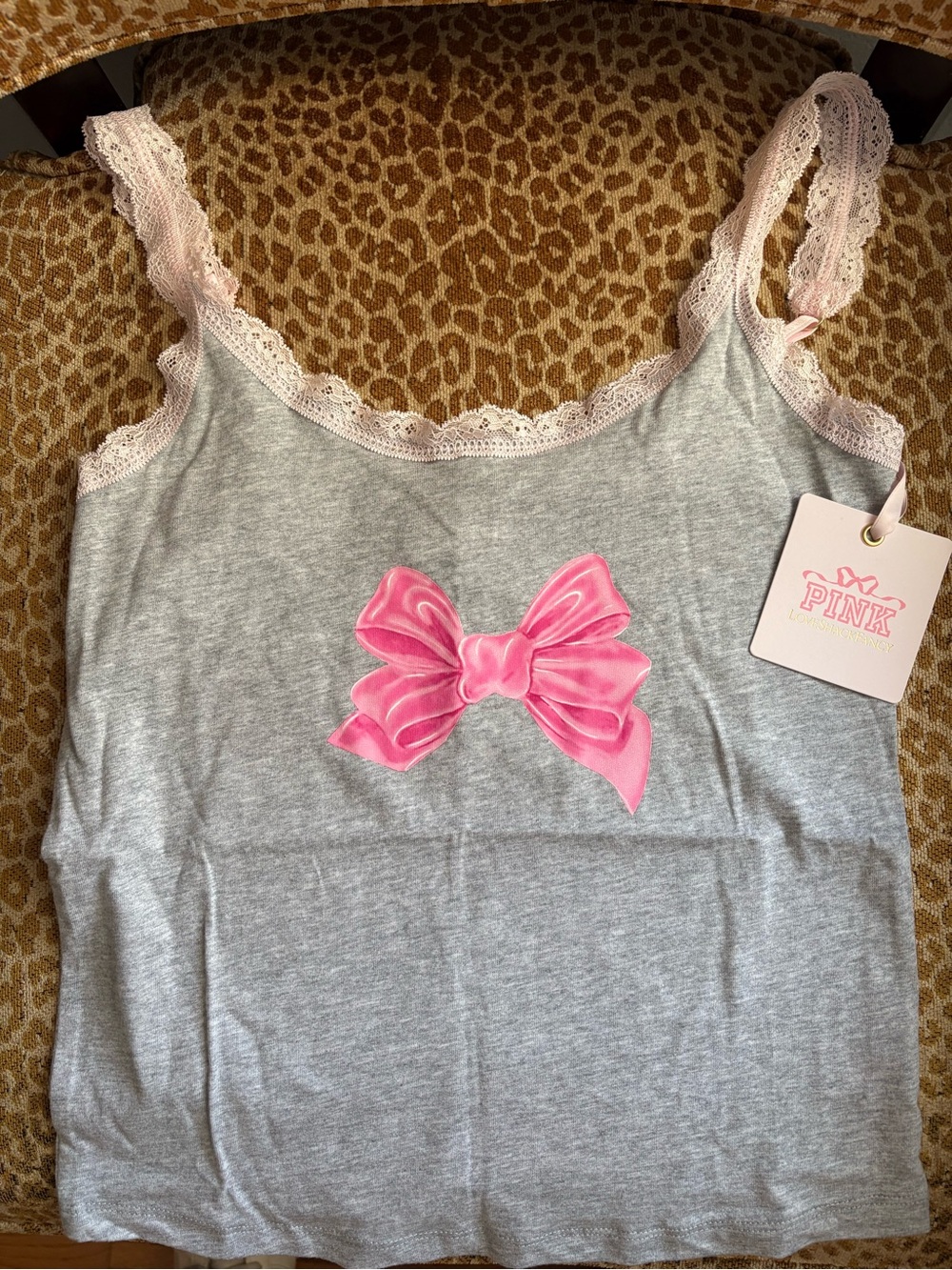 PINK Loveshack Fancy Gray Tank with Pink Bow and Lace Trim